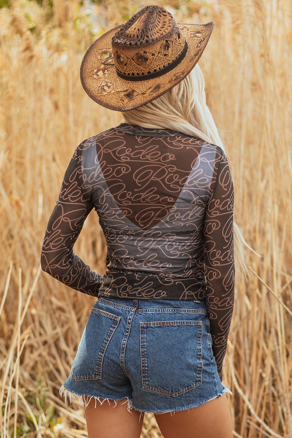 Western Rodeo Mesh Mock Neck Long Sleeve Top