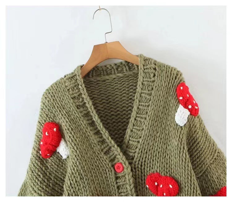 Light Green Mushroom Crochet Short Cardigan
