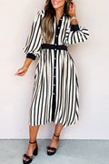 Black Stripe 3/4 Puff Sleeve Button Down Midi Dress