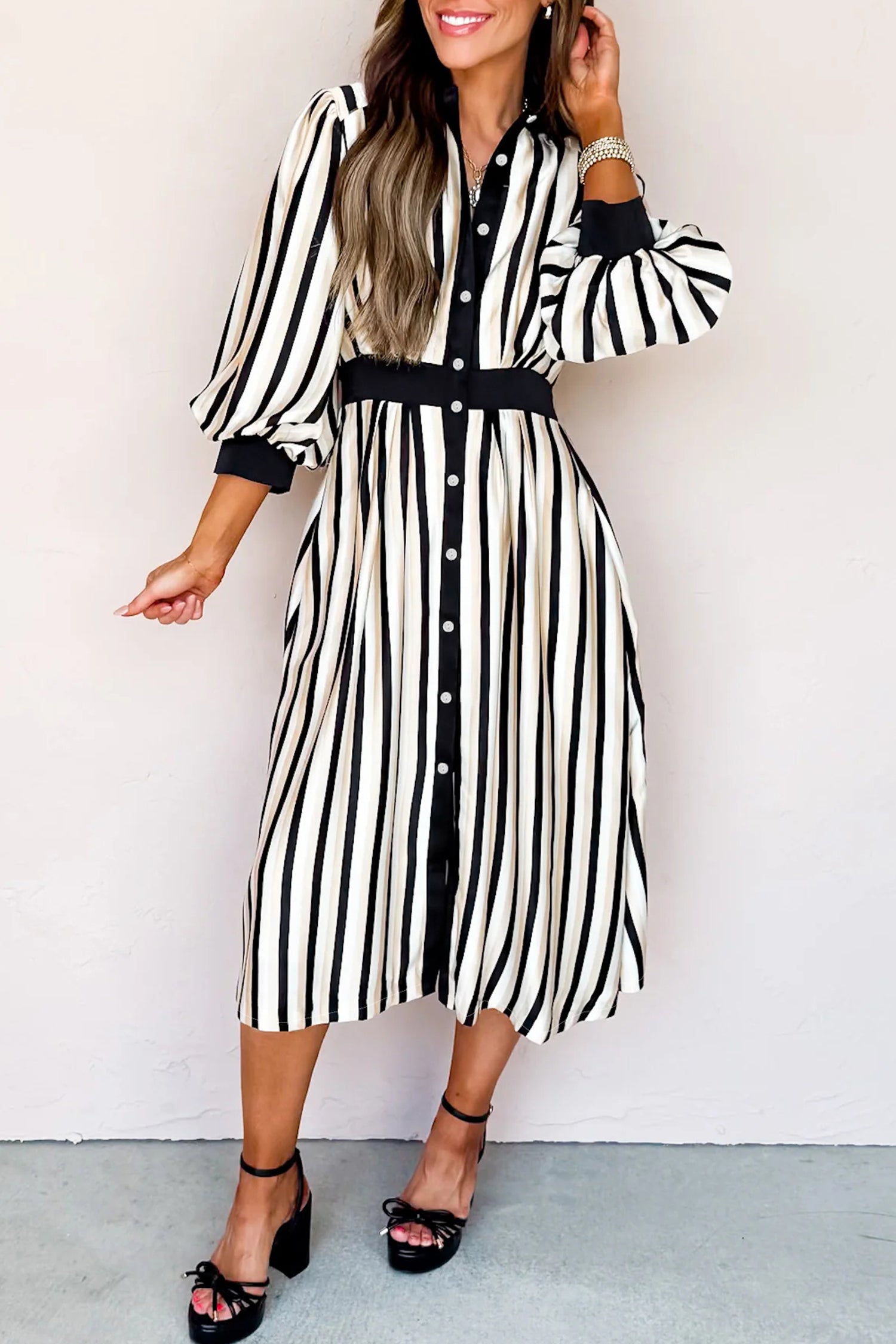 Black Stripe 3/4 Puff Sleeve Button Down Midi Dress