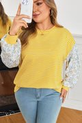Yellow Stripe Floral Patchwork Long Sleeve Crewneck Top