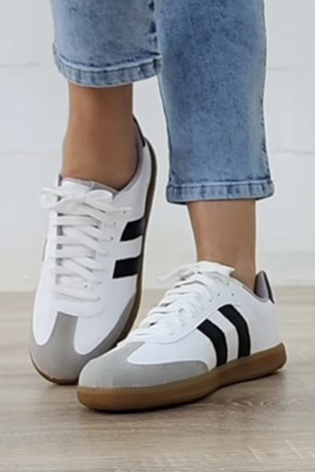 Willa Striped Lace-up Flat Sneakers with Gum Sole and Suede Look