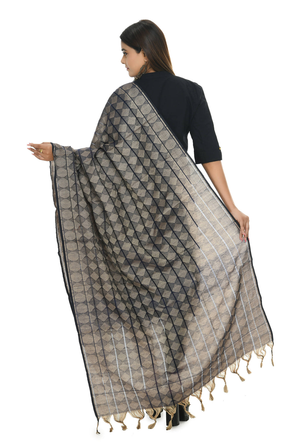Navy Blue Handloom Cotton Dupatta - Elegant Traditional Accessory