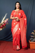 Vibrant orange Paithani silk saree with detailed gold Zari woven patterns