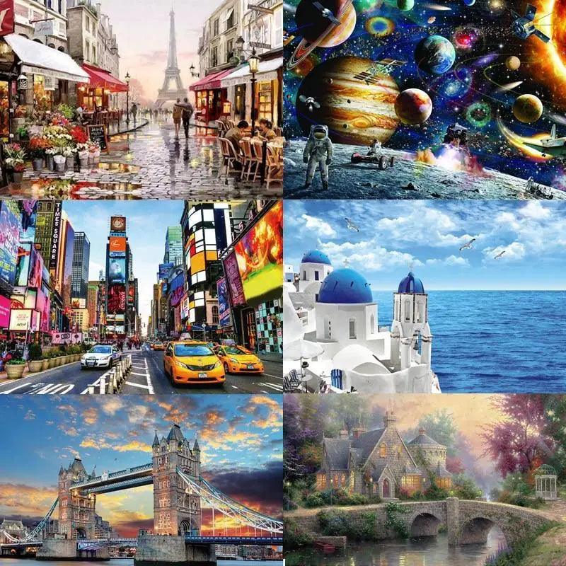 Completed 1000-piece artistic puzzle featuring multi-color patterns and Moulin Rouge theme