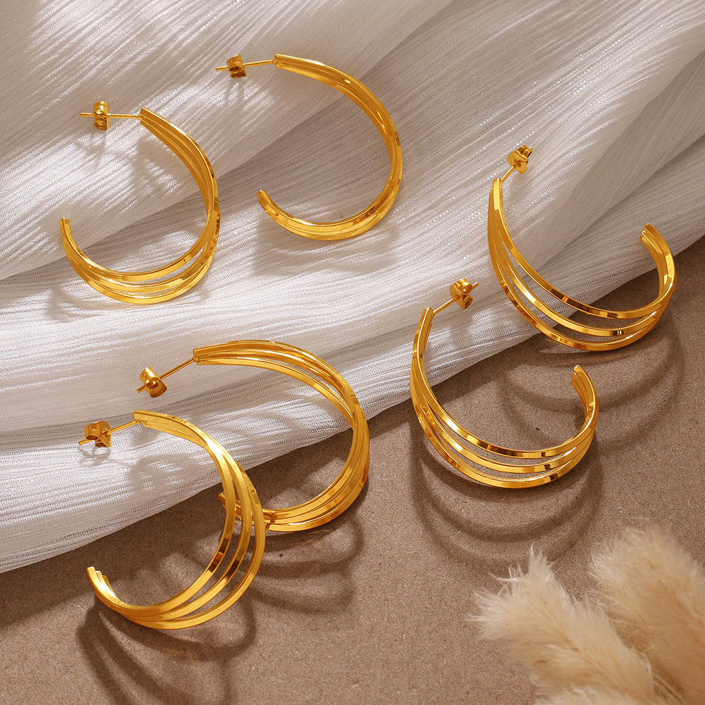 Elegant & Versatile Vintage Bold C-Shaped Earrings, 18K Gold Plated Stainless Steel, Minimalist Multi-Layer Women's Earrings