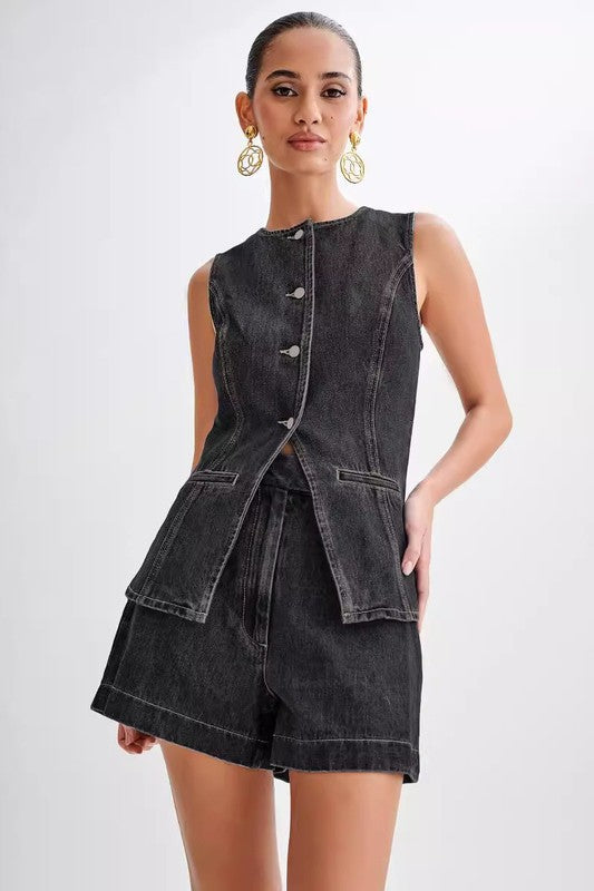 Women's Denim Two-Piece Set Stylish Matching Co-Ord Outfit