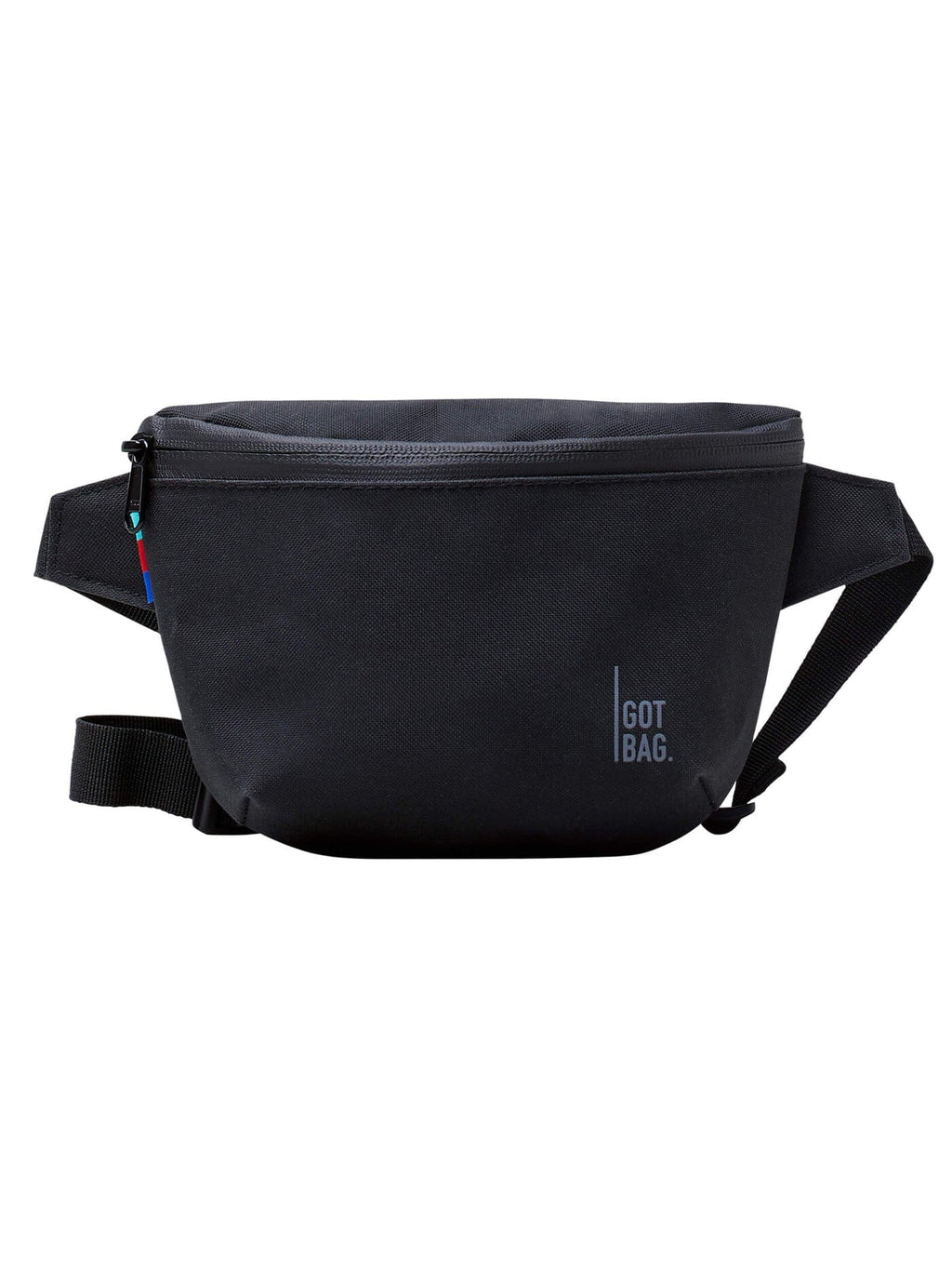 Minimalist black hip bag featuring a sleek, lightweight utility design with a red and blue accent tag.