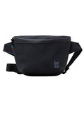 Minimalist black hip bag featuring a sleek, lightweight utility design with a red and blue accent tag.