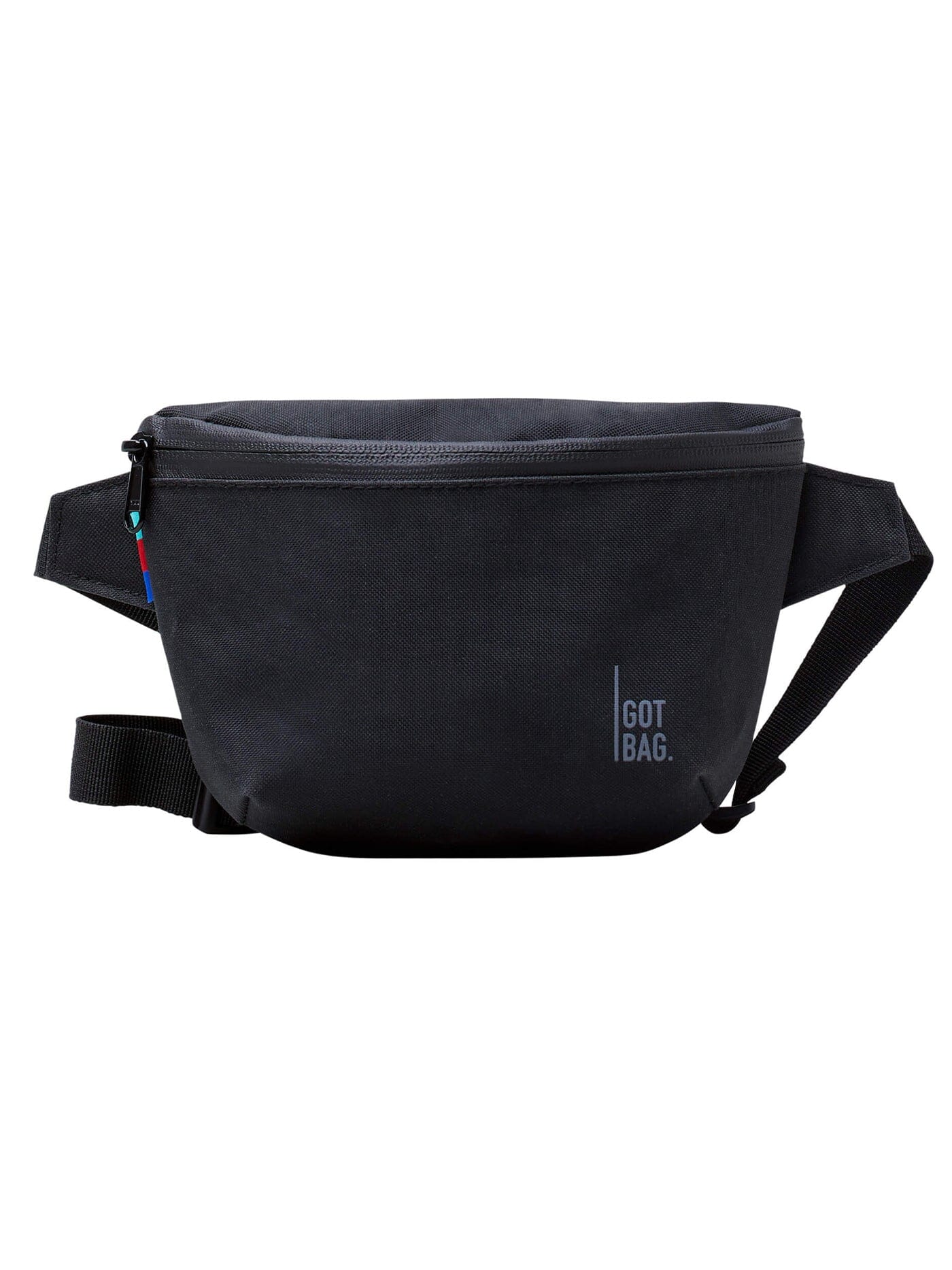 Minimalist black hip bag featuring a sleek, lightweight utility design with a red and blue accent tag.