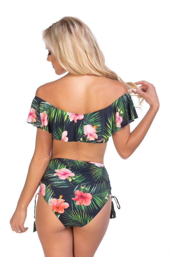 Black Tropical Ruffled Off-the-Shoulder Bikini Set