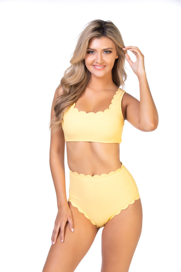 Solid yellow textured bikini set with scalloped edges and high waist bottom
