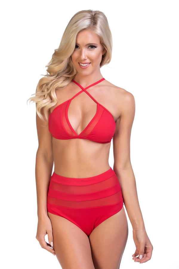 Solid Red High Waisted Bikini Set with Sheer Mesh Halter Top