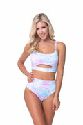 A modern pink and blue tie dye high waist bikini set with front and back cut-outs.