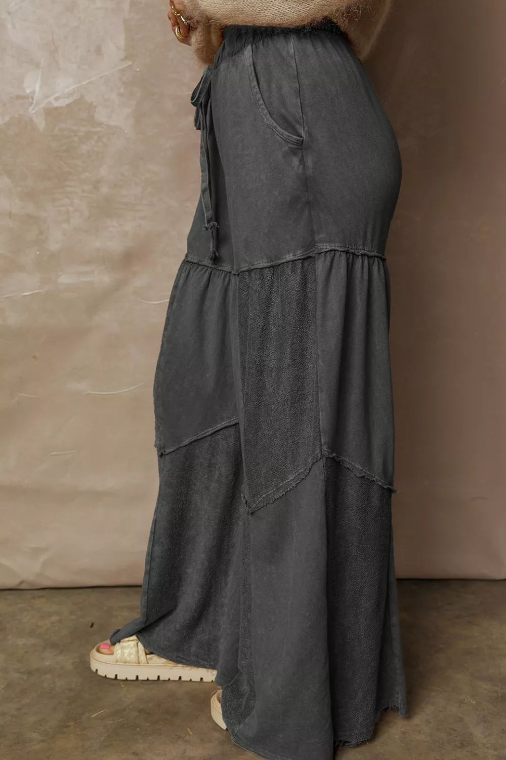 Mineral Wash Tiered Wide Leg Patchwork Drawstring Pants