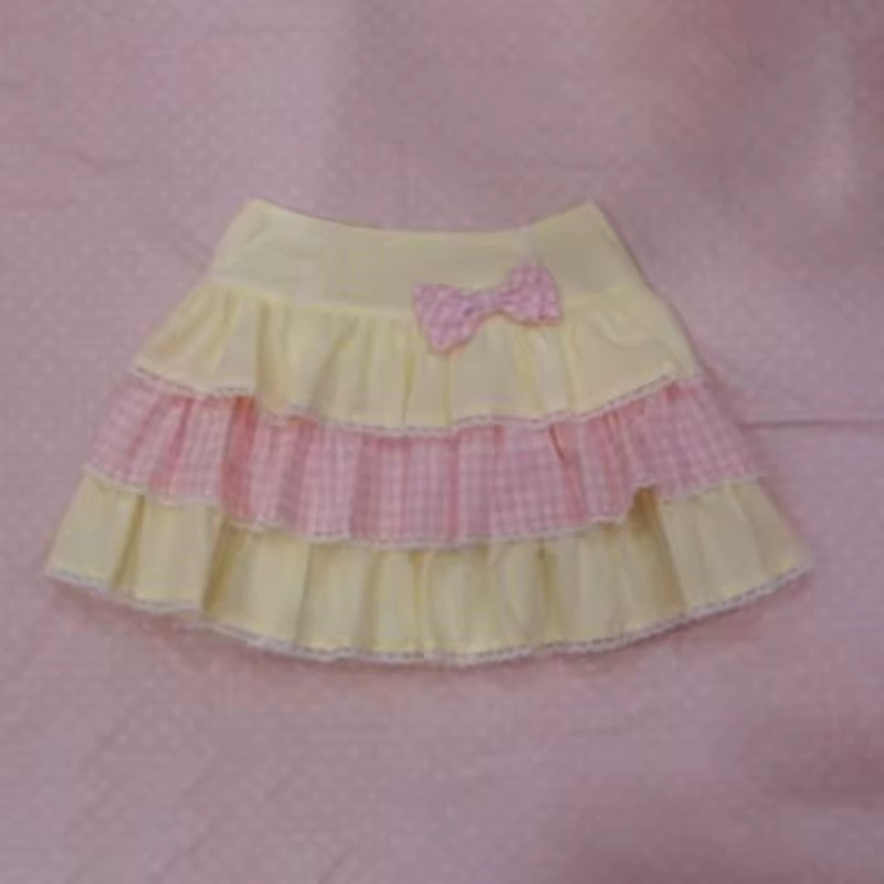 Yellow Pink Gingham Tiered Ruffle Mini Skirt with Bow - Image 4