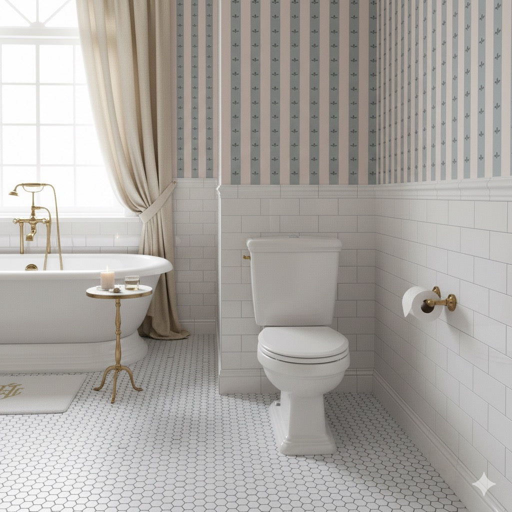 Boden striped wallpaper in beige, gold, blue, and white for a classic vintage aesthetic.