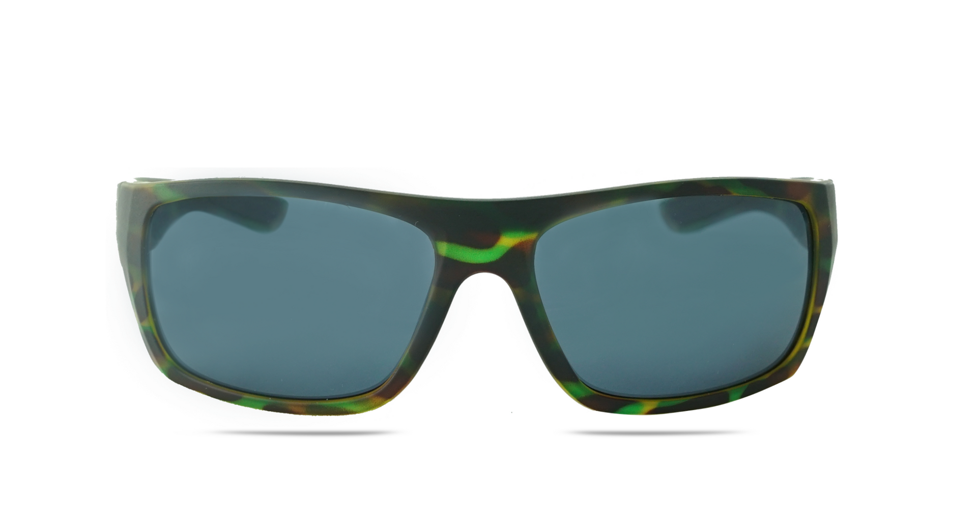 Zion sunglasses featuring green camo frames and polarized brown lenses viewed from the front and side.
