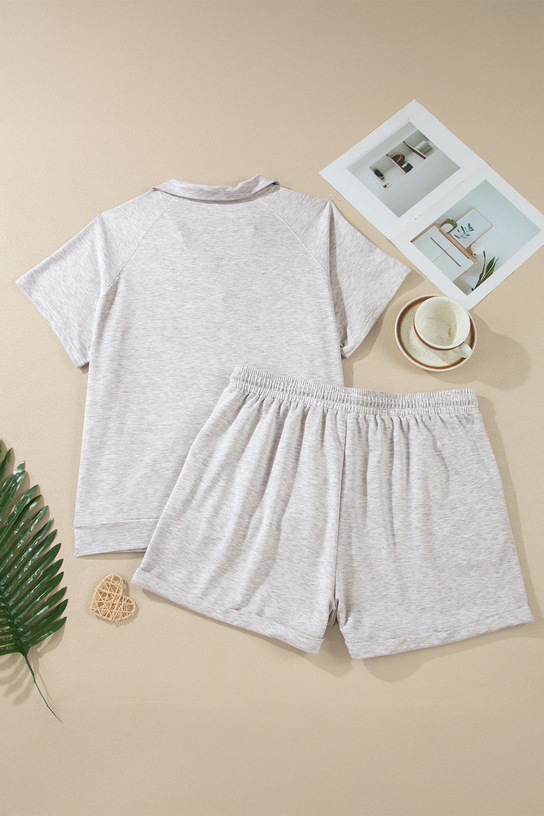 Solid V-Neck Top & Elastic Shorts Loungewear Set in Grey