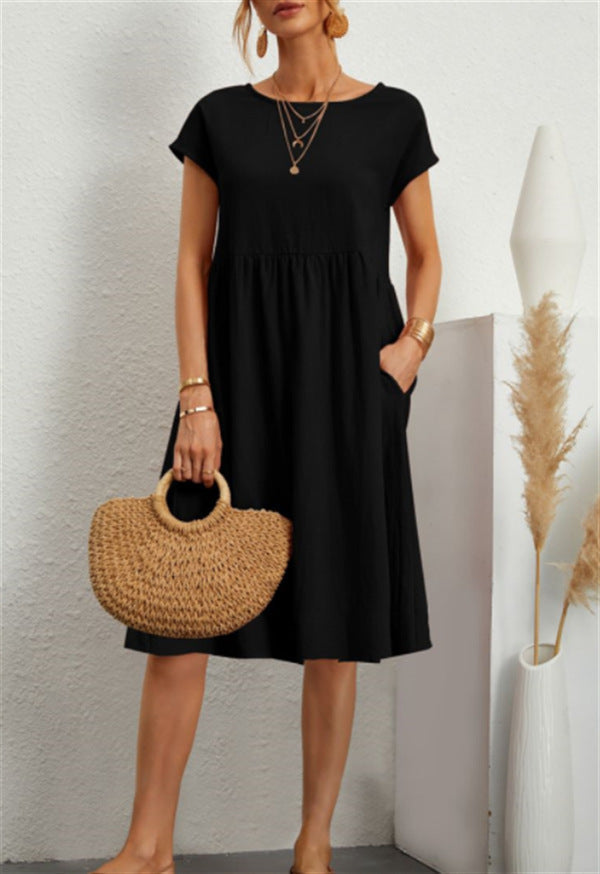 Cotton Blend Round Neck A-Line Skirt Dress