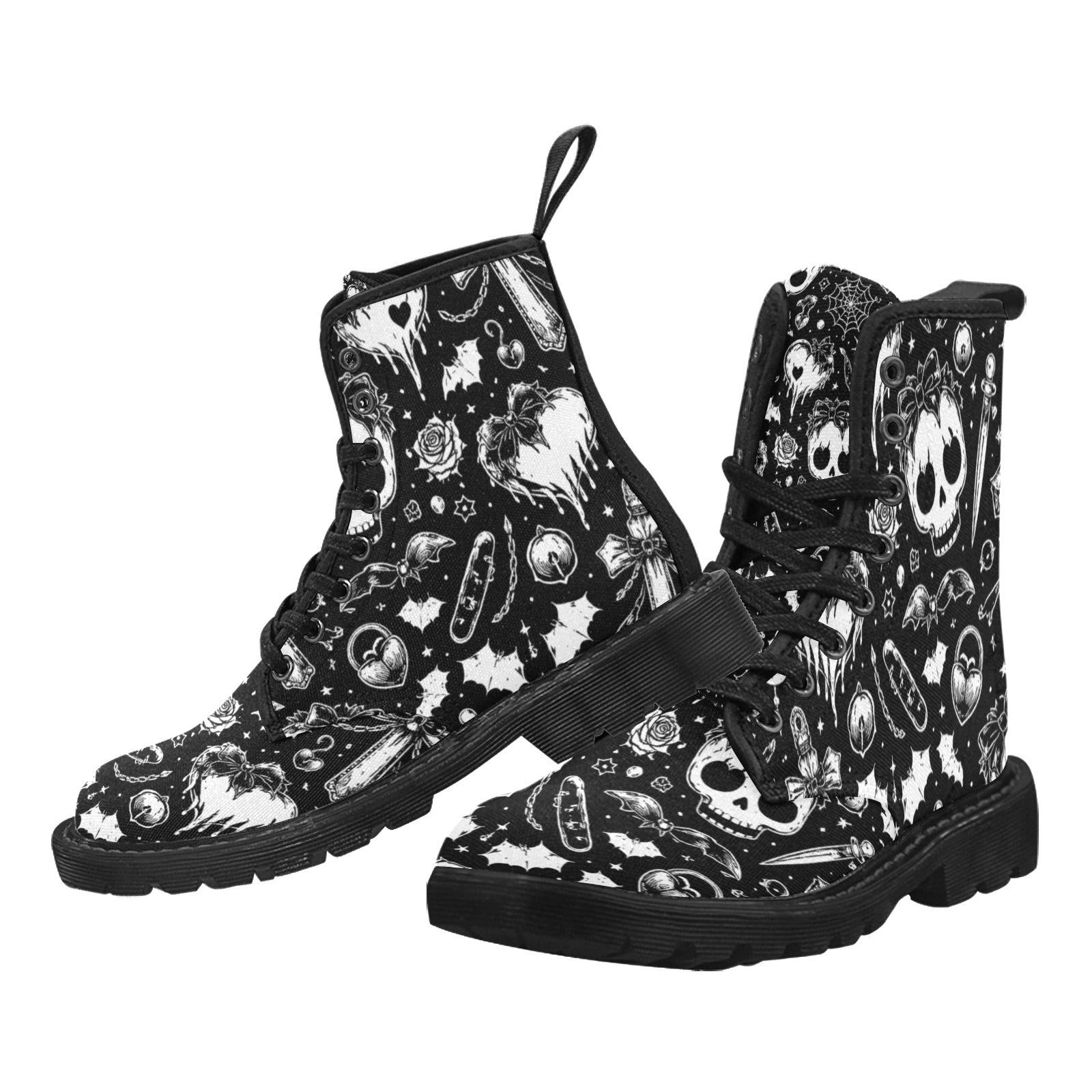 A pair of black and white Goth Harajuku pattern canvas lace-up combat boots, featuring skulls, bats, hearts, and other gothic motifs. The boots have thick black soles and black laces, shown from two angles.