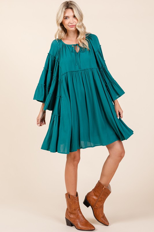Frill Tie Neck Bell Sleeve Dress – Feminine Sophisticated Dress