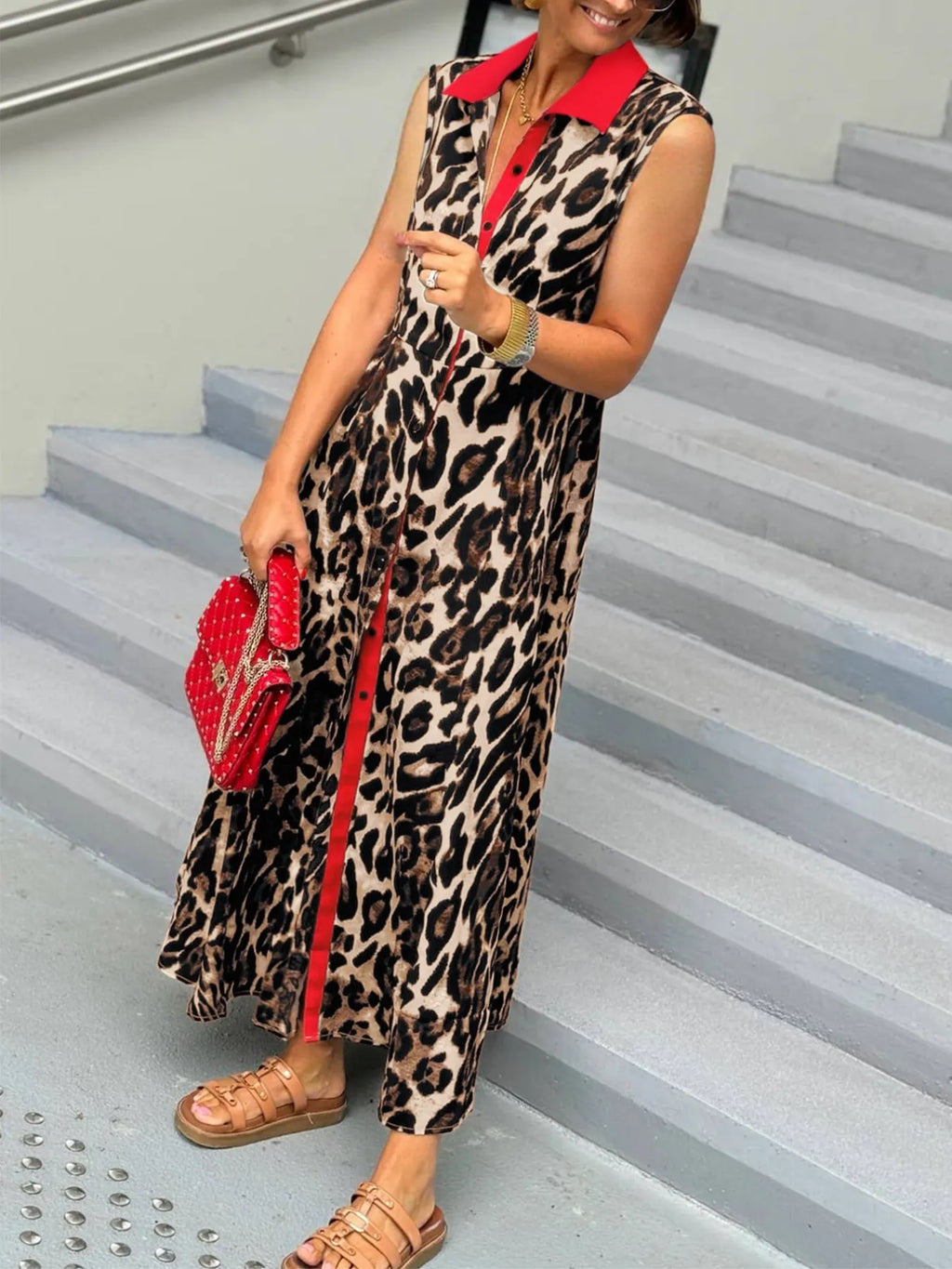 Plus Size Leopard Print Sleeveless Maxi Dress