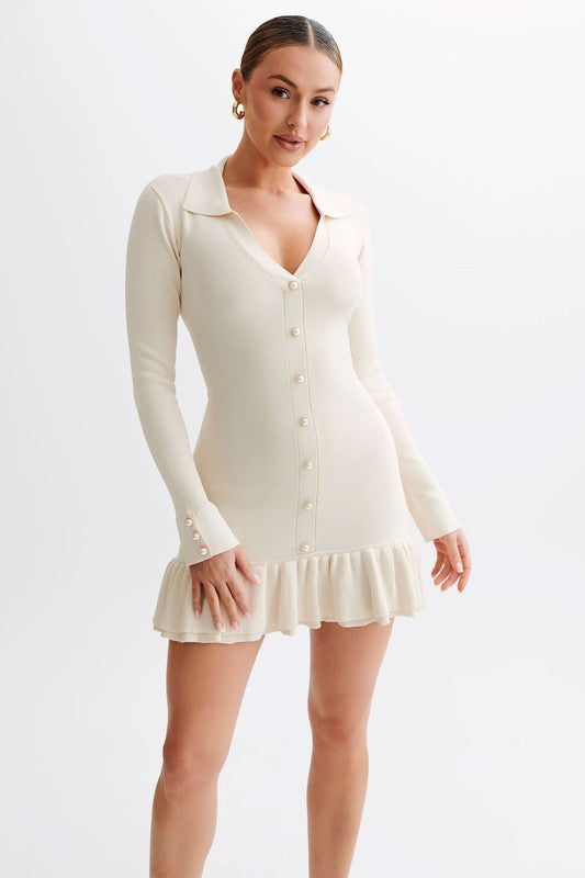 Women's Mini Sweater Dress V-Neck Button