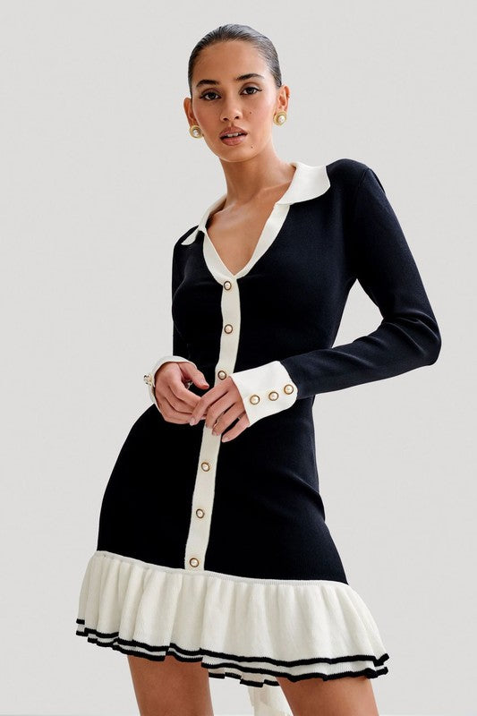 Women's Mini Sweater Dress V-Neck Button