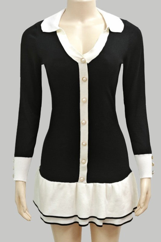 Women's Mini Sweater Dress V-Neck Button