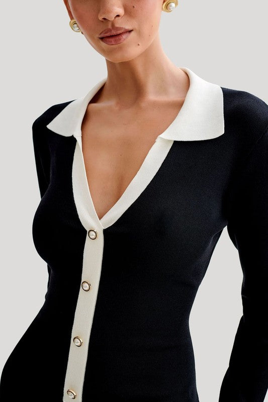 Women's Mini Sweater Dress V-Neck Button