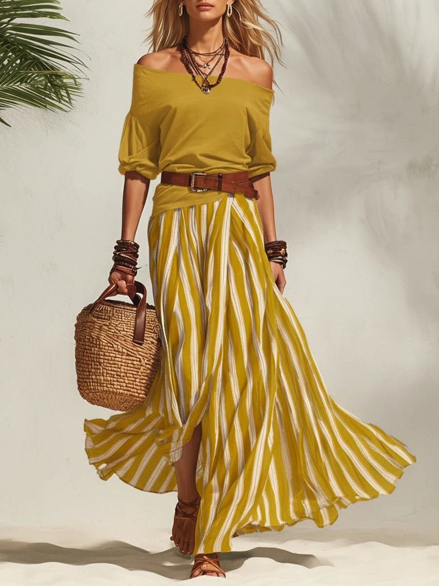 Women Off-Shoulder Top and Striped Slit Maxi Skirt Set