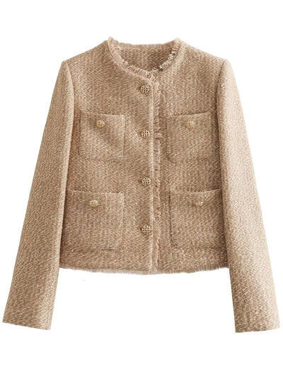 Camel Raw Hem Round Neck Jacket Lightweight Edgy Casual Outerwear