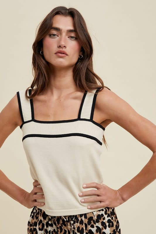 Contrast Sweater Tank Top in Taupe and Black Sleeveless Knit