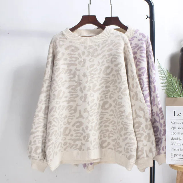 Women's Lavender Leopard Print Oversized Crew Neck Sweater - Image 5