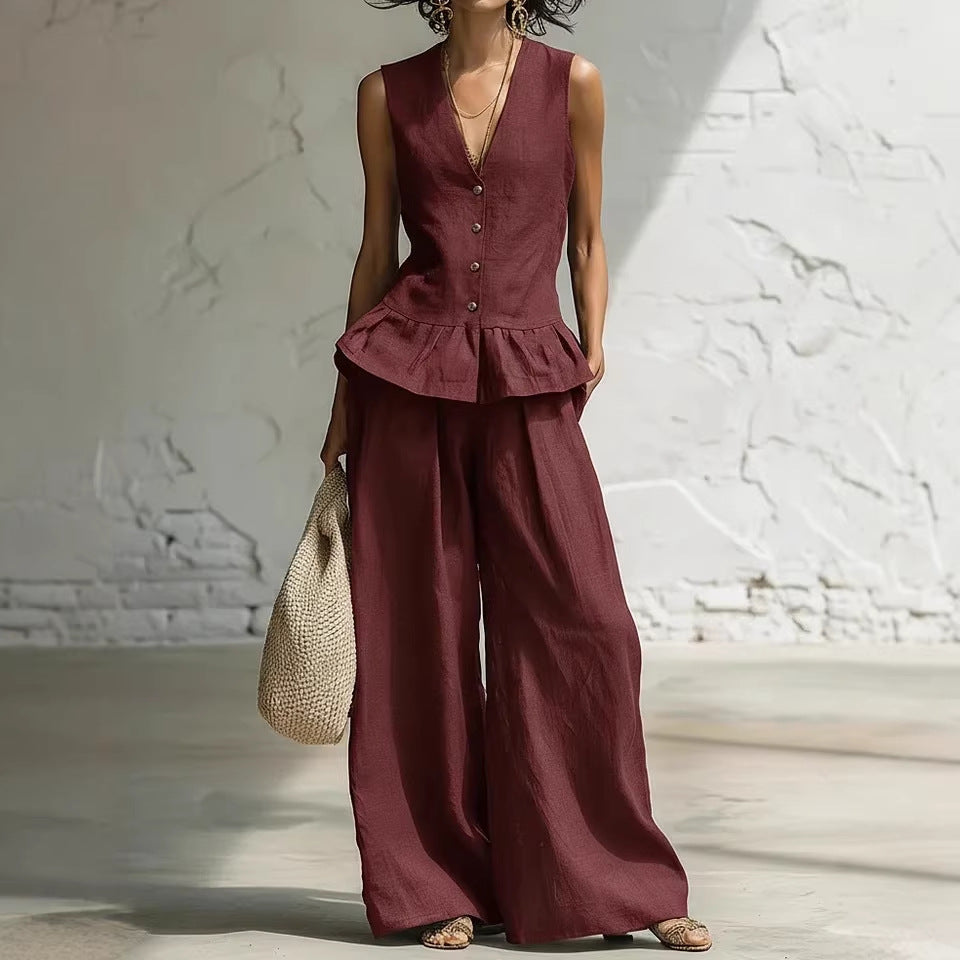 Women's Ruffled Sleeveless V-Neck Vest and Wide Leg Pants Set - Image 5