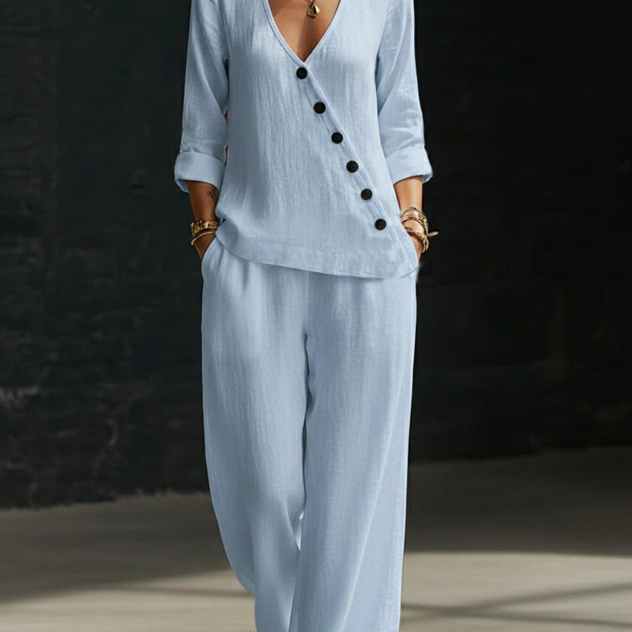 Women’s V-Neck Button-Detail Shirt and Wide-Leg Pants Set