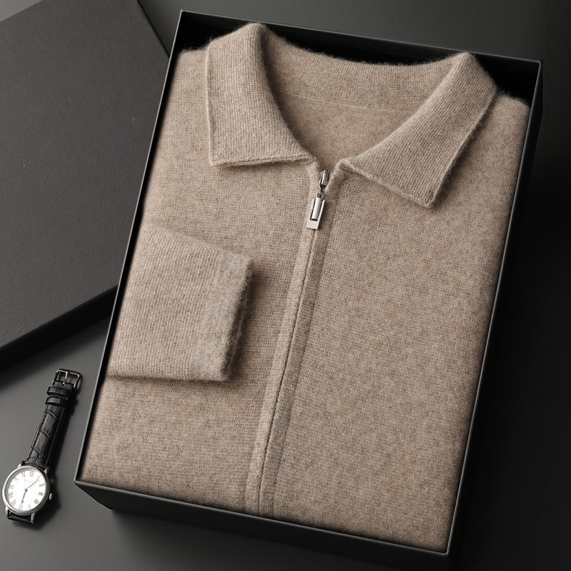 Men's Zip-Front Knit Cardigan Sweater Coat in Neutral Tones