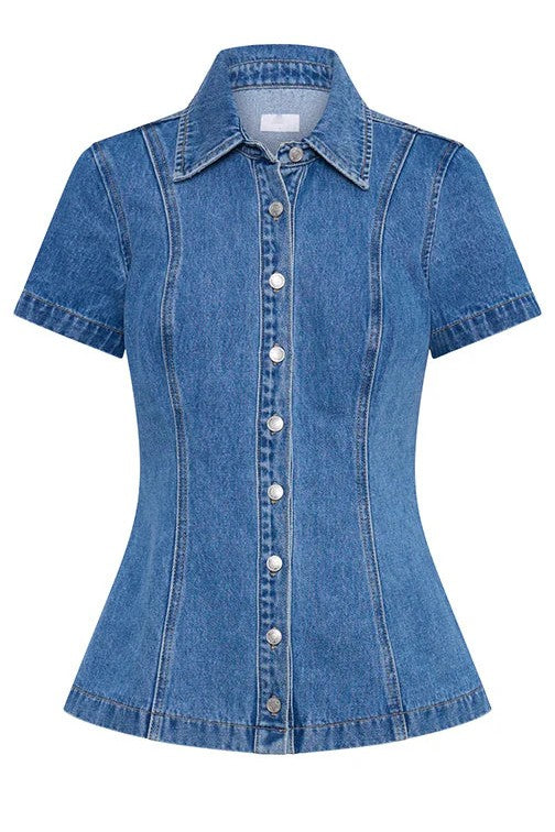 Women's Denim Two Piece Short Set with Mini Skirt and Button Top