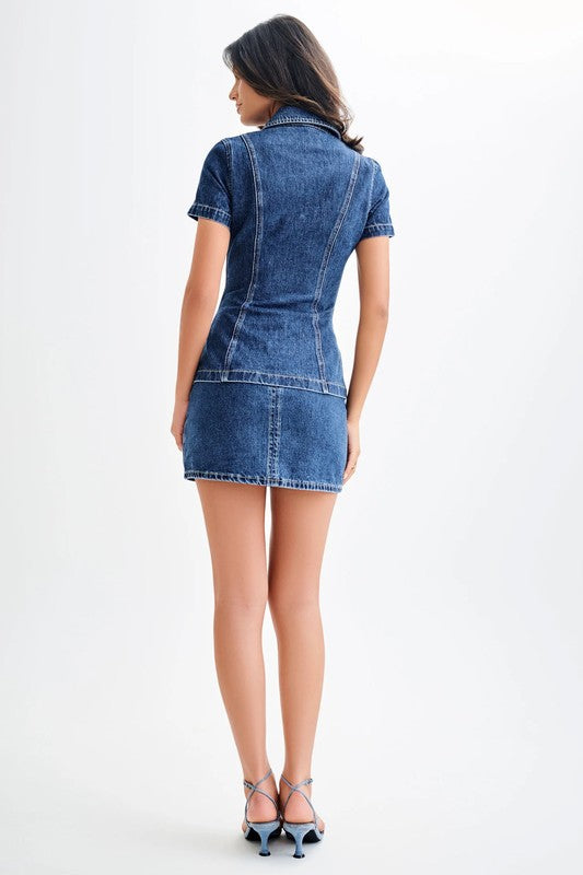 Women's Denim Two Piece Short Set with Mini Skirt and Button Top