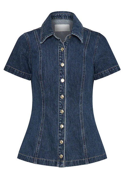 Women's Denim Two Piece Short Set with Mini Skirt and Button Top