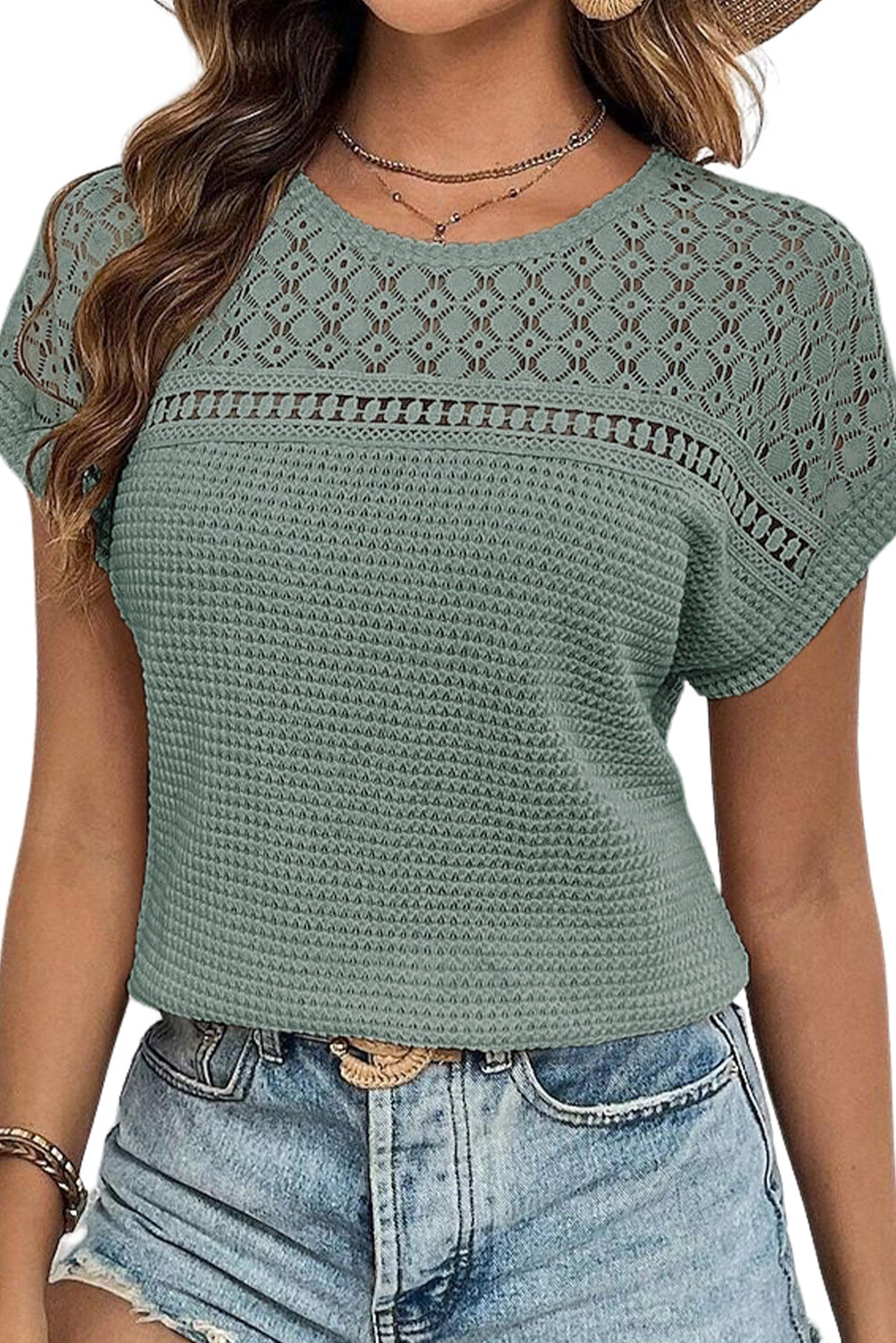 Oatmeal Hollow Patchwork Waffle Knit Top