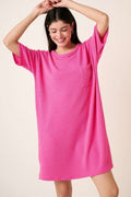 Hot pink rib knit short sleeve tee dress with side slit and pockets