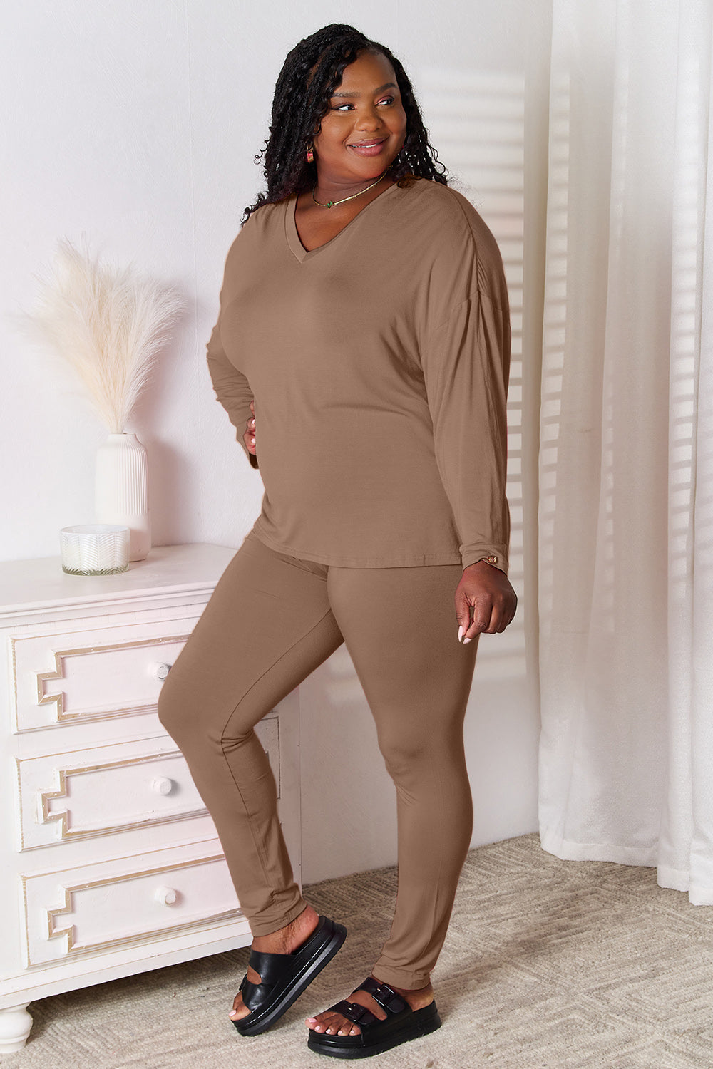 Women's V-Neck Long Sleeve Lounge Set in Soft Rayon Knit
