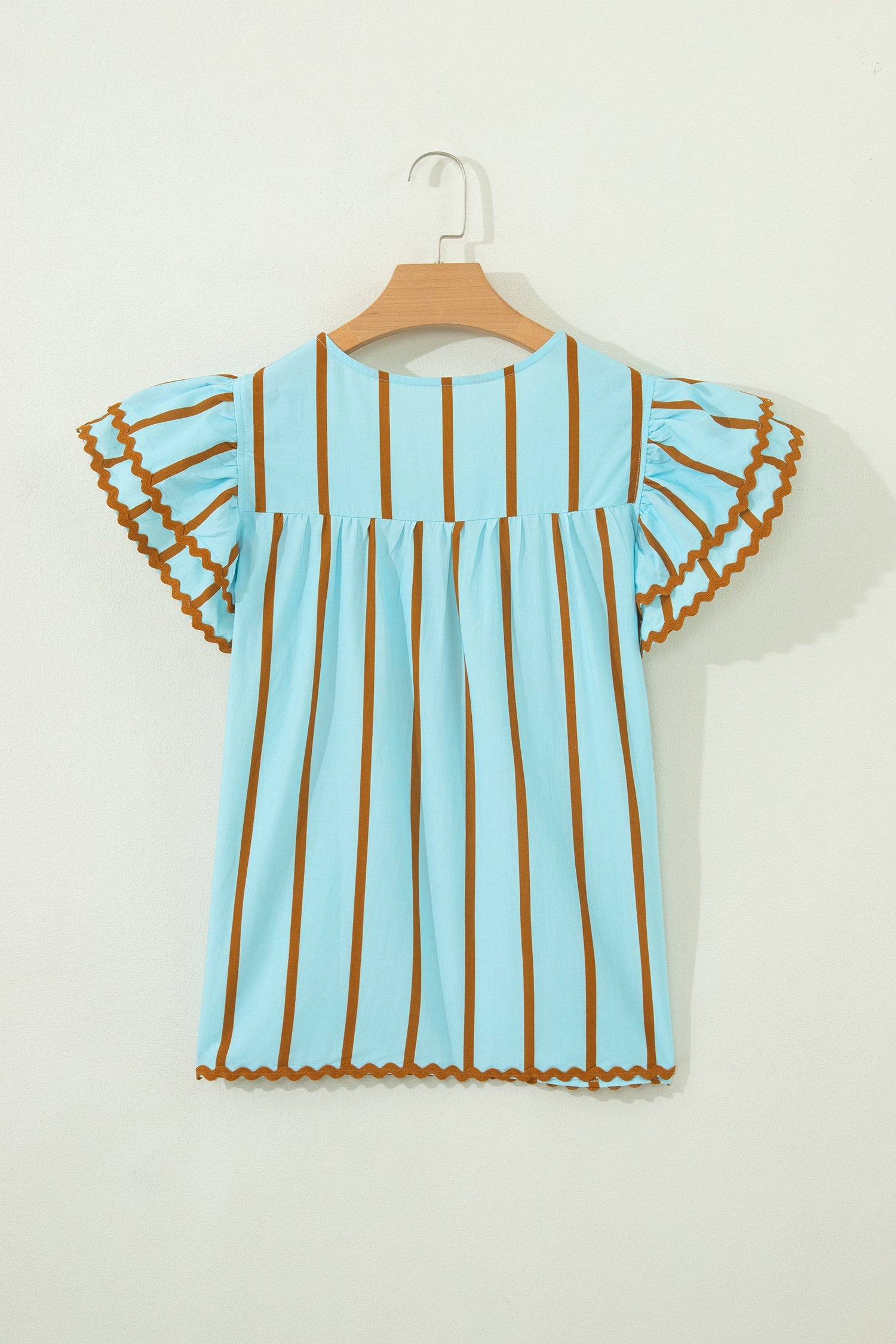 Sky Blue Stripe Ricrac Trim Double Ruffled Short Sleeve V Neck Blouse