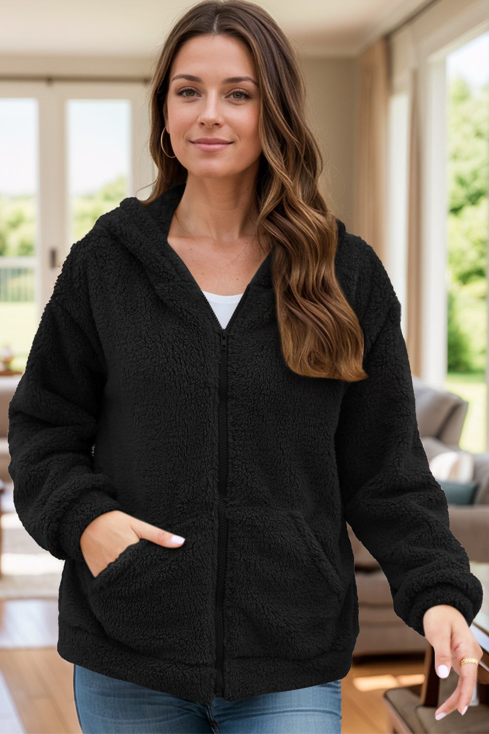 Zip Up Fuzzy Hooded Hoodie | Soft Long Sleeve Outerwear