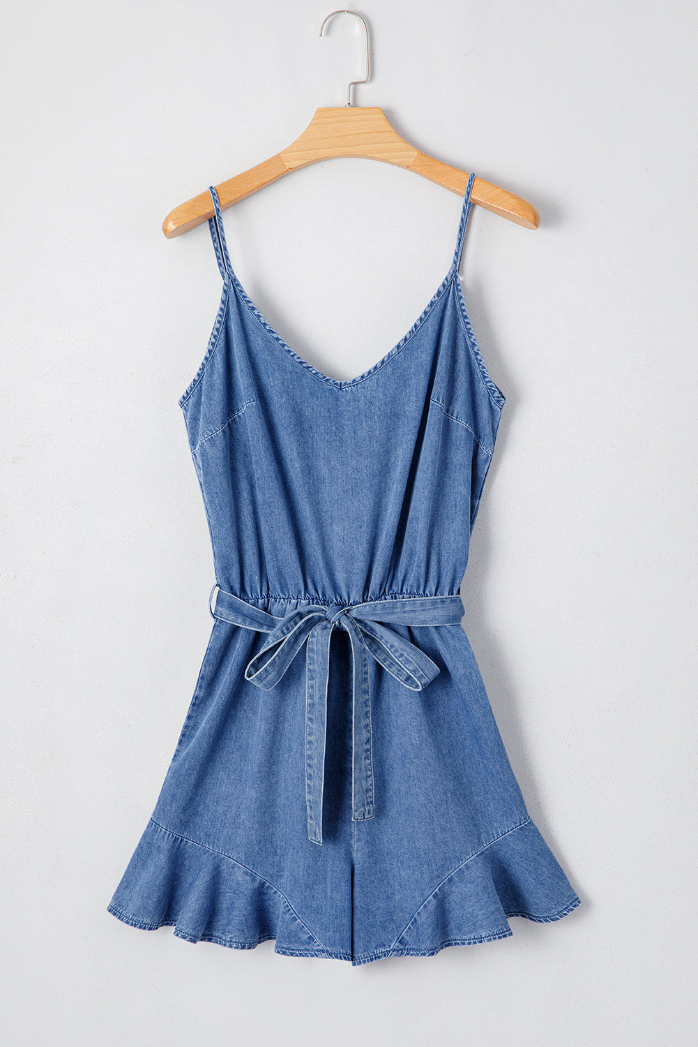 Ashleigh Blue Chambray Romper Spaghetti Straps Belted