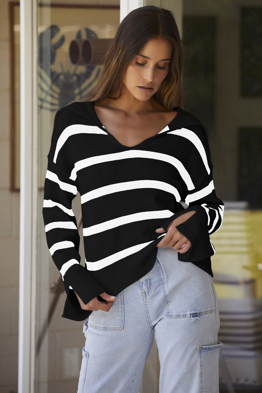 Stripe Caped V-Neck Slit Sleeve Sweater
