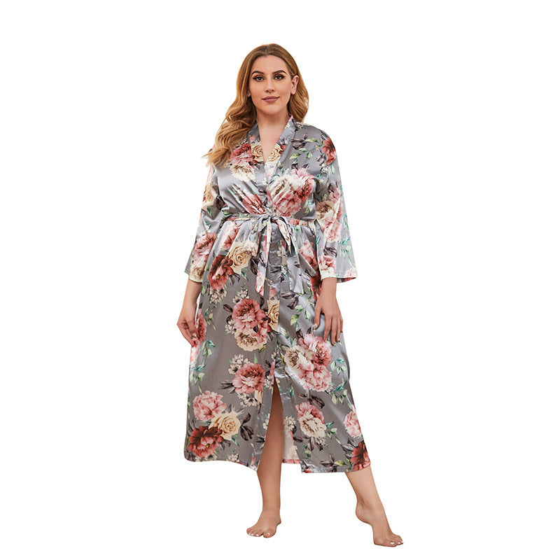 Plus Size Spring Autumn Artificial Silk Women Thin Long-Sleeved Home Wear Can Be Worn outside Nightgown
