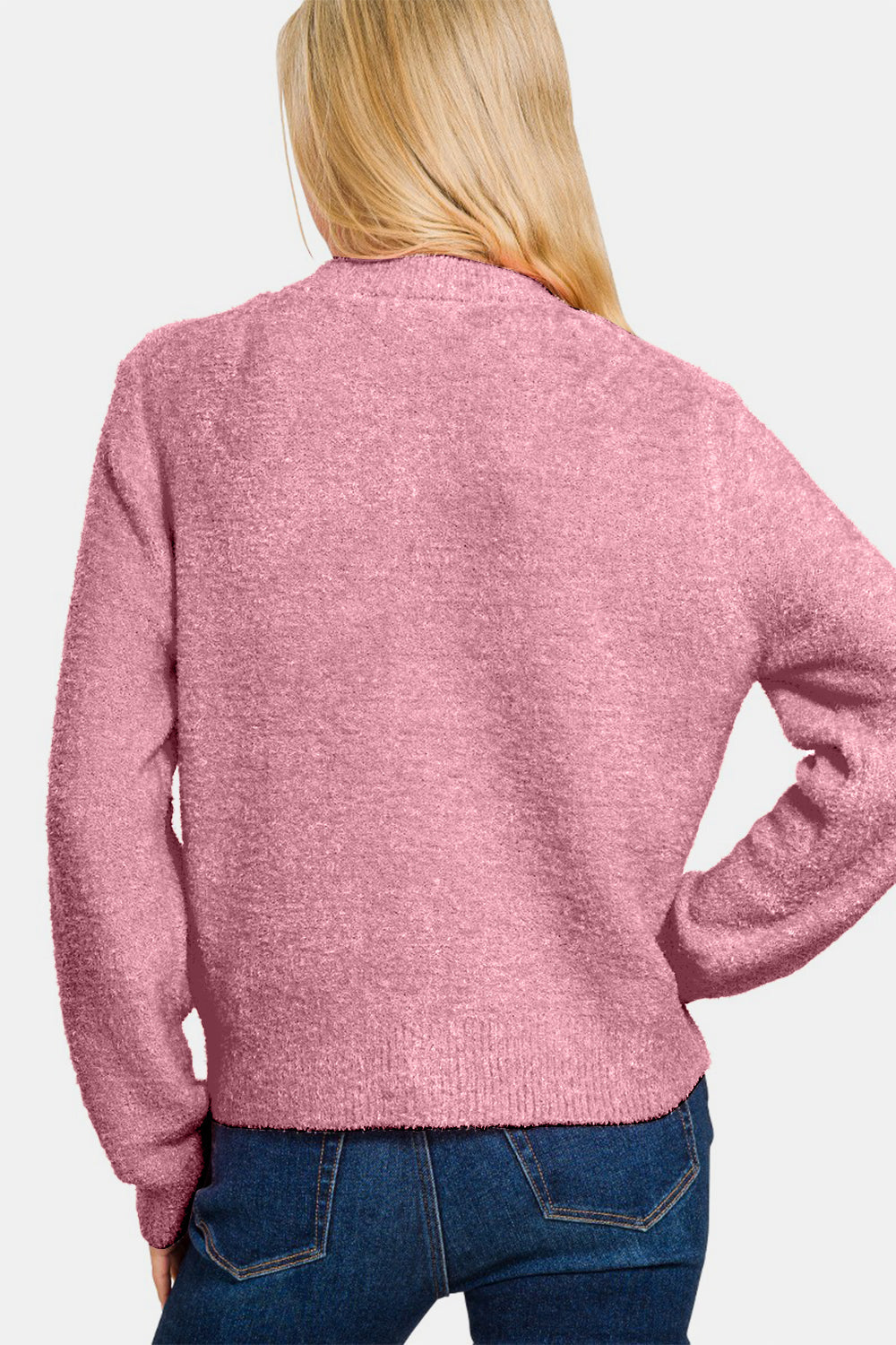 Pink Button-Down Crew Neck Long Sleeve Fuzzy Sweater Cardigan - Image 2